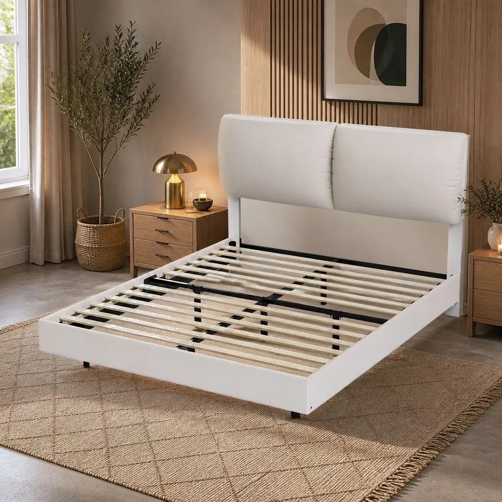 Double Floating Bed Frame with LED Light Height Adjustable Headboard Storage
