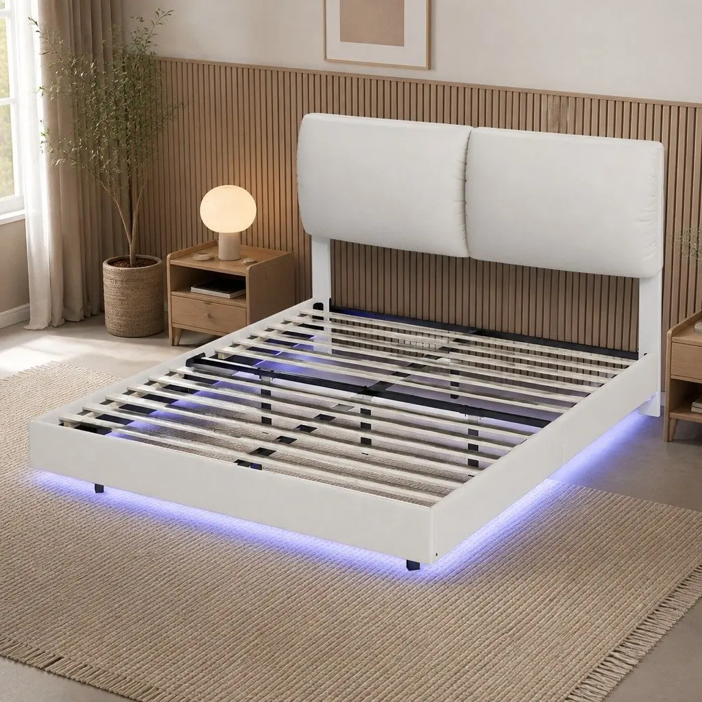 Queen Floating Bed Frame with LED and Storage