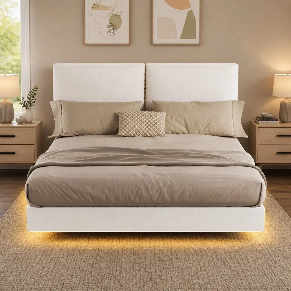 Queen Floating Bed Frame with LED and Storage