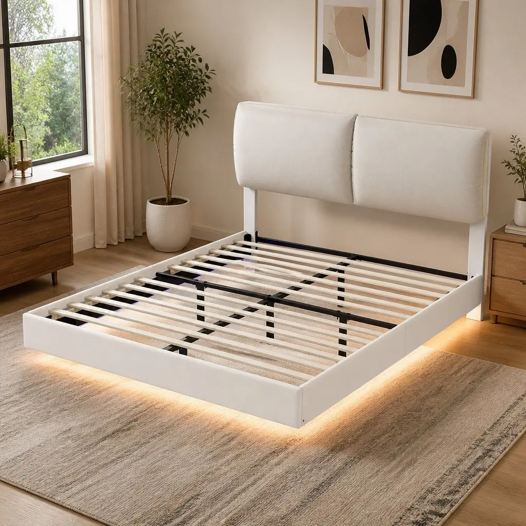Queen Floating Bed Frame with LED and Storage