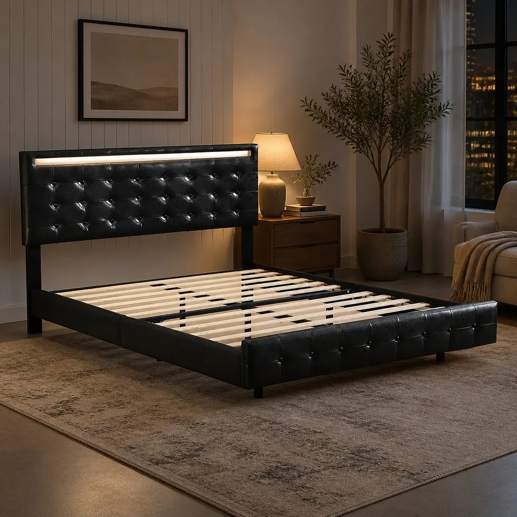 Double Floating Bed Frame with LED Lighting Headboard