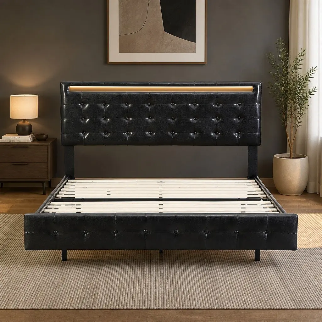 Double Floating Bed Frame with LED Lighting Headboard