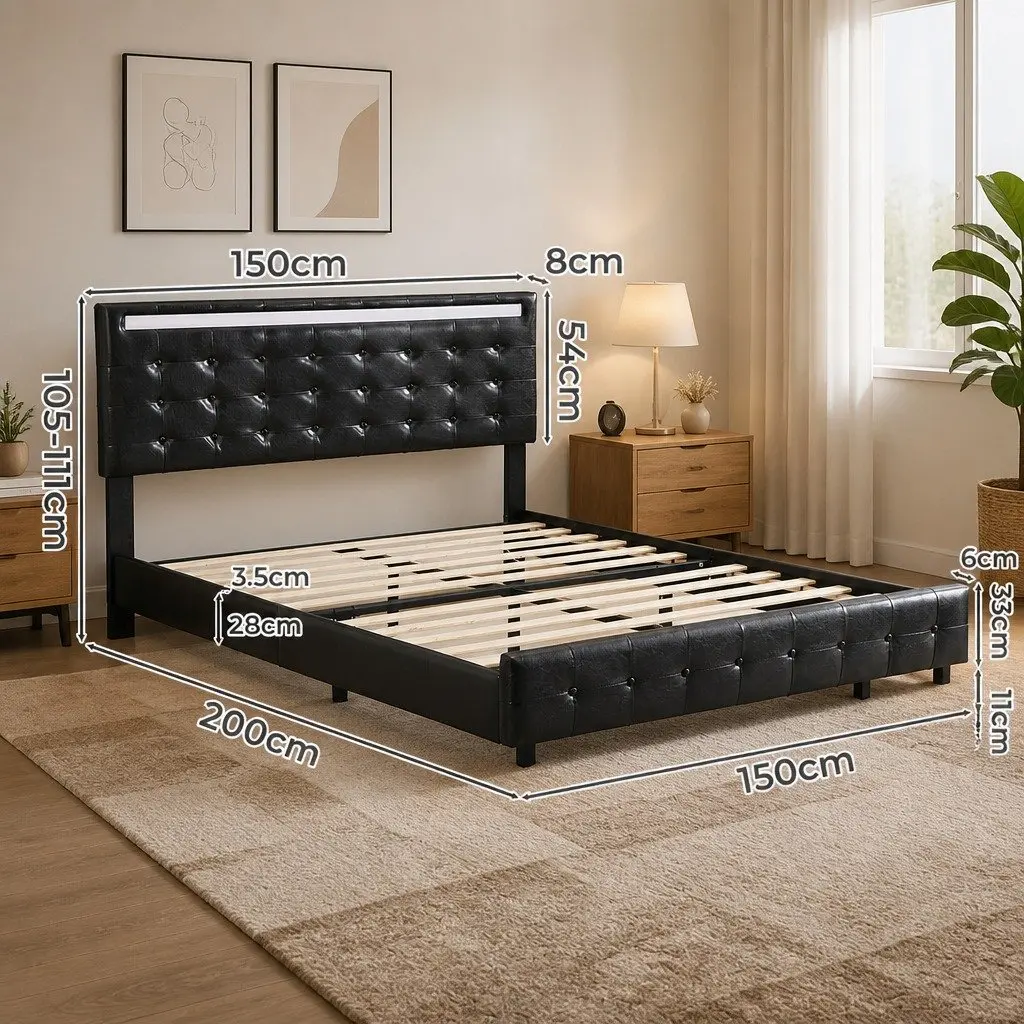 Double Floating Bed Frame with LED Lighting Headboard