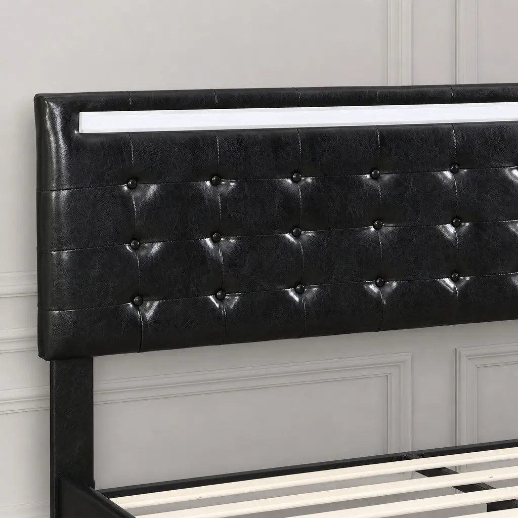Double Floating Bed Frame with LED Lighting Headboard