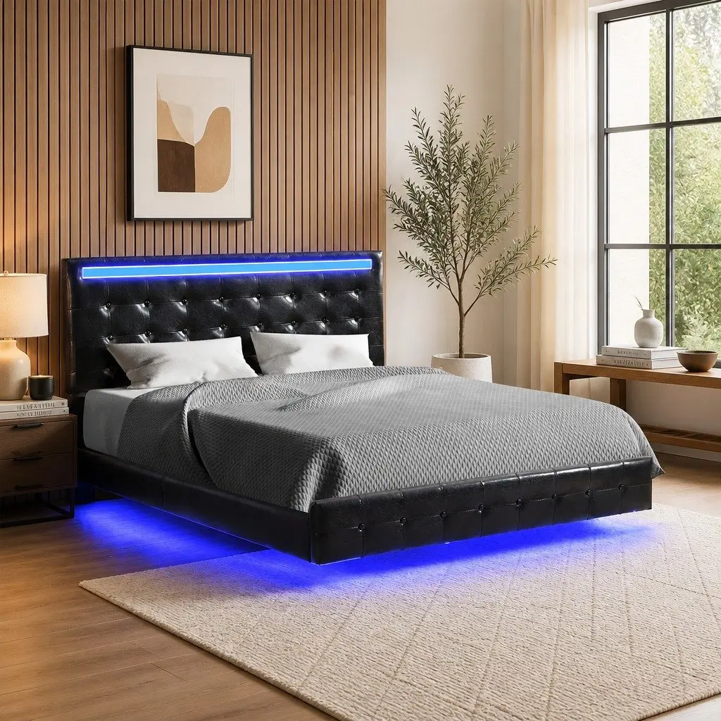 Double Floating Bed Frame with LED Lighting Headboard