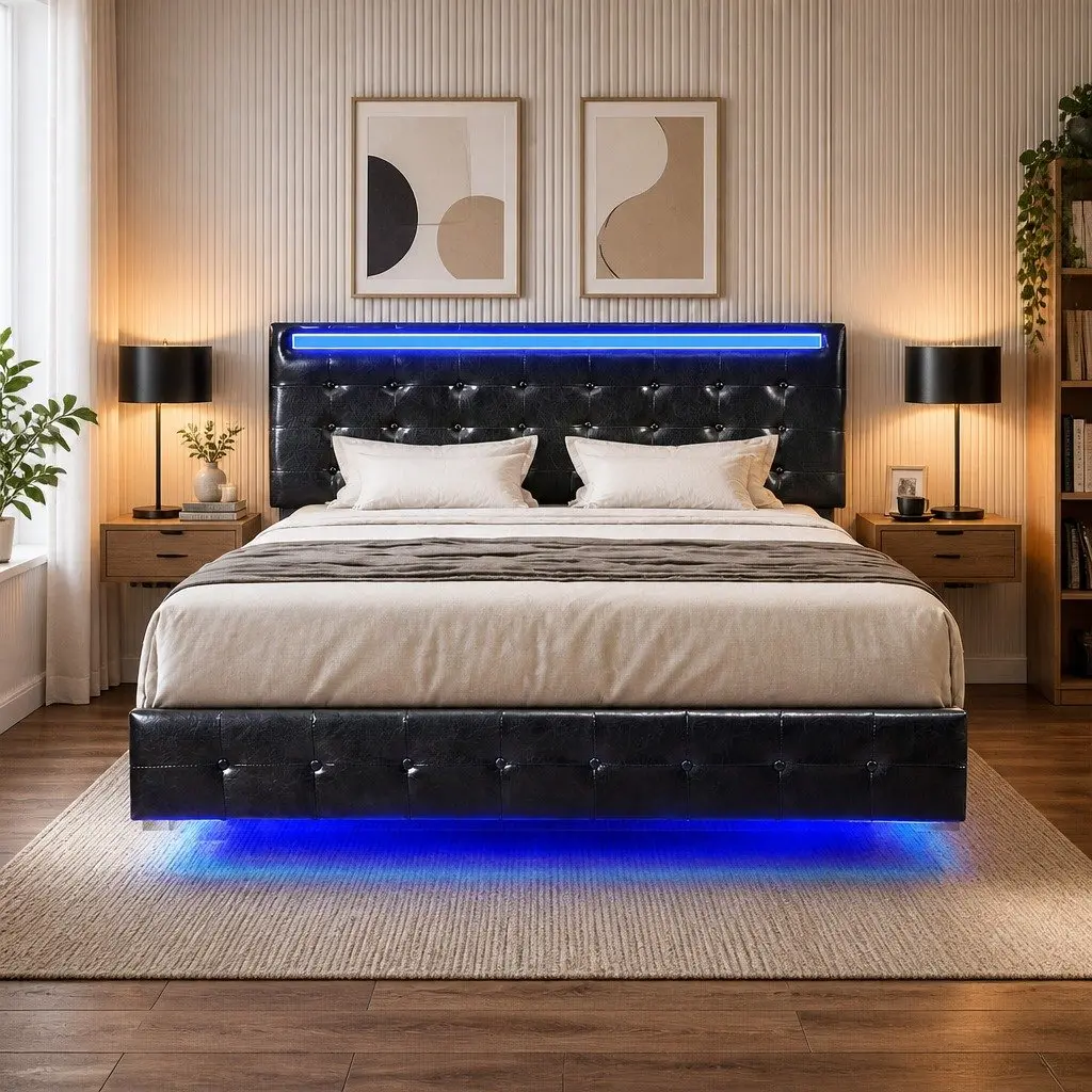 Double Floating Bed Frame with LED Lighting Headboard