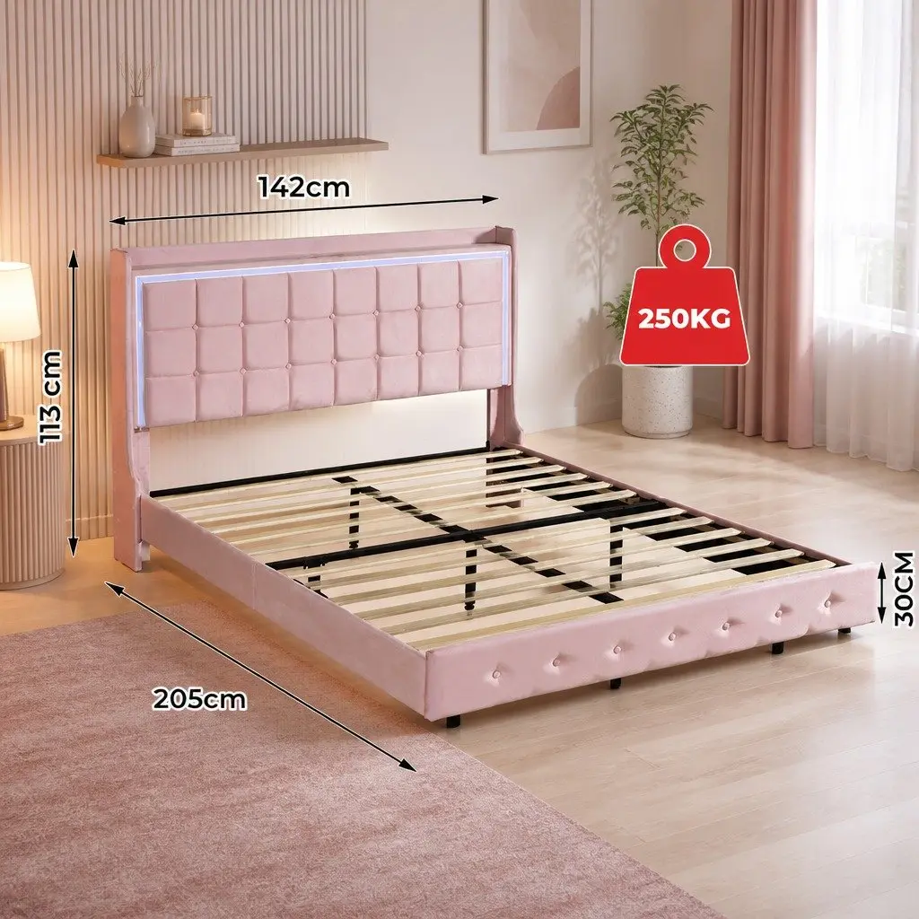 Double Floating Bed Frame with LED Light Strips USB Ports Modern Bedroom