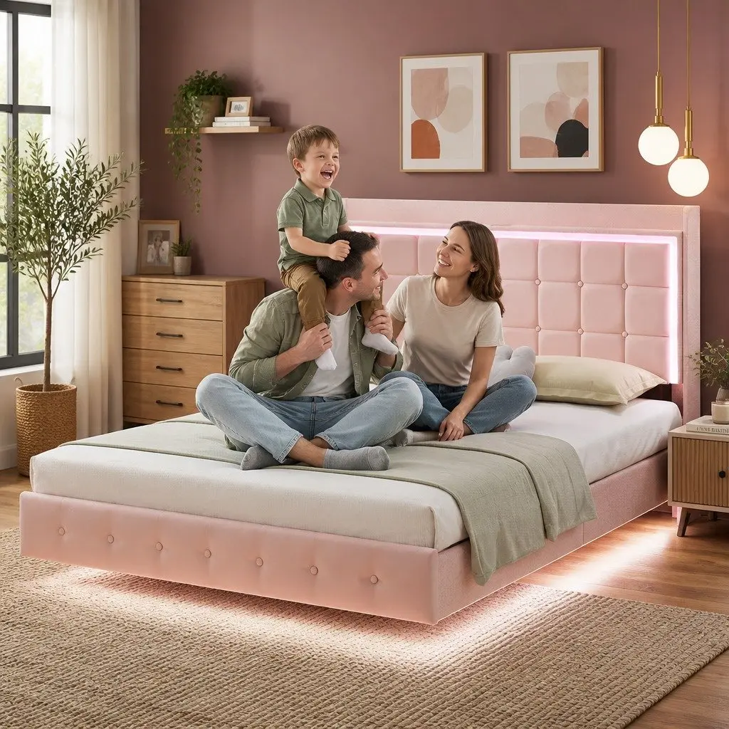 Double Floating Bed Frame with LED Light Strips USB Ports Modern Bedroom