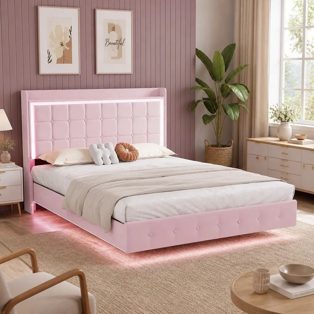 Double Floating Bed Frame with LED Light Strips USB Ports Modern Bedroom