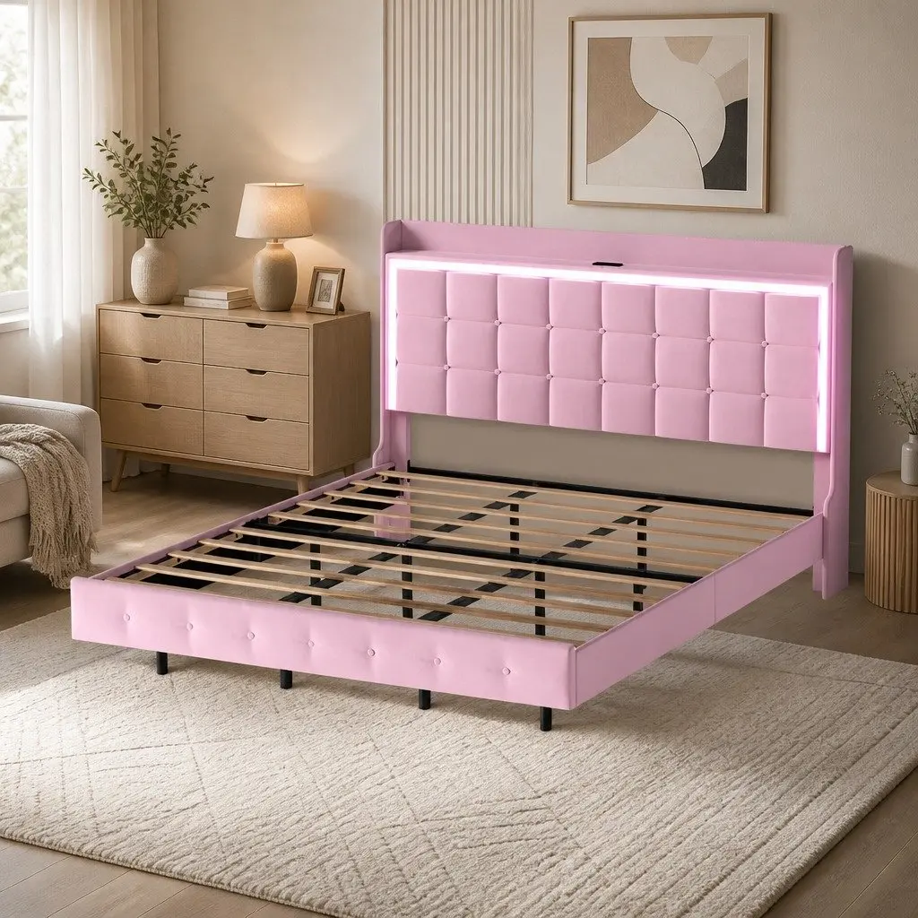 Pink King Floating Bed Frame with LED Headboard
