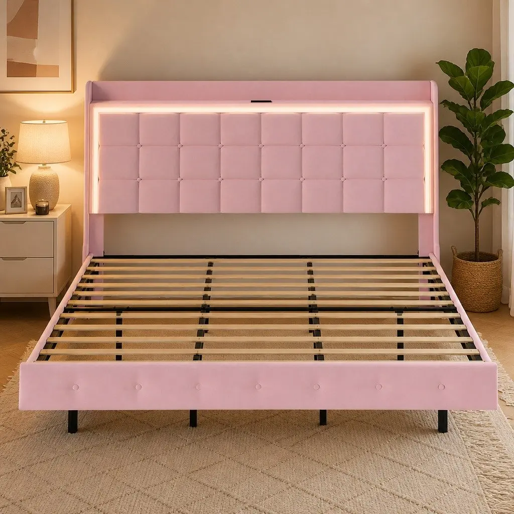 Pink King Floating Bed Frame with LED Headboard