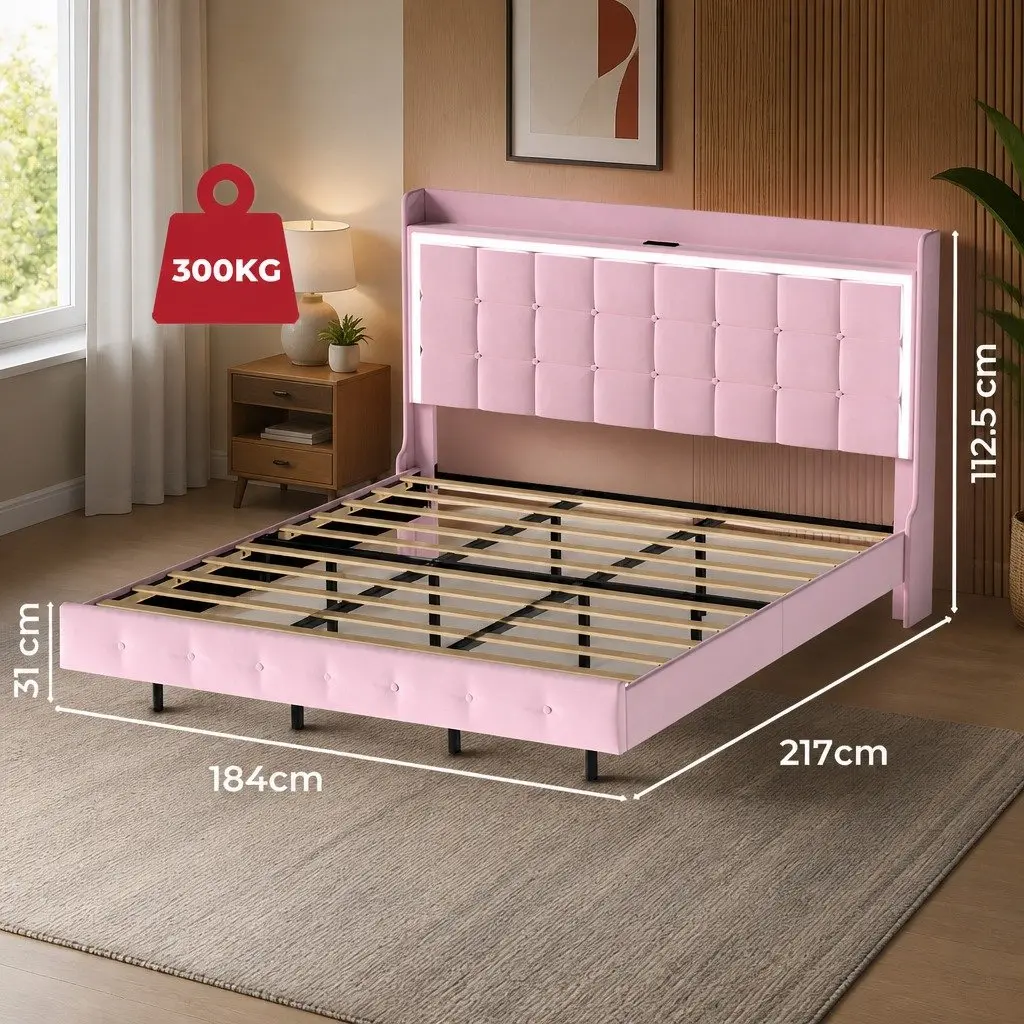 Pink King Floating Bed Frame with LED Headboard