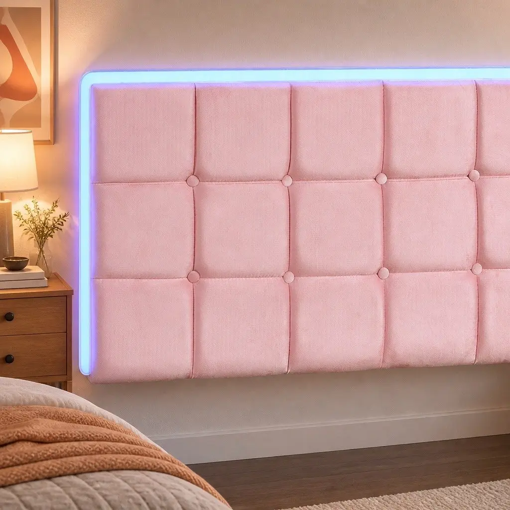 Pink King Floating Bed Frame with LED Headboard