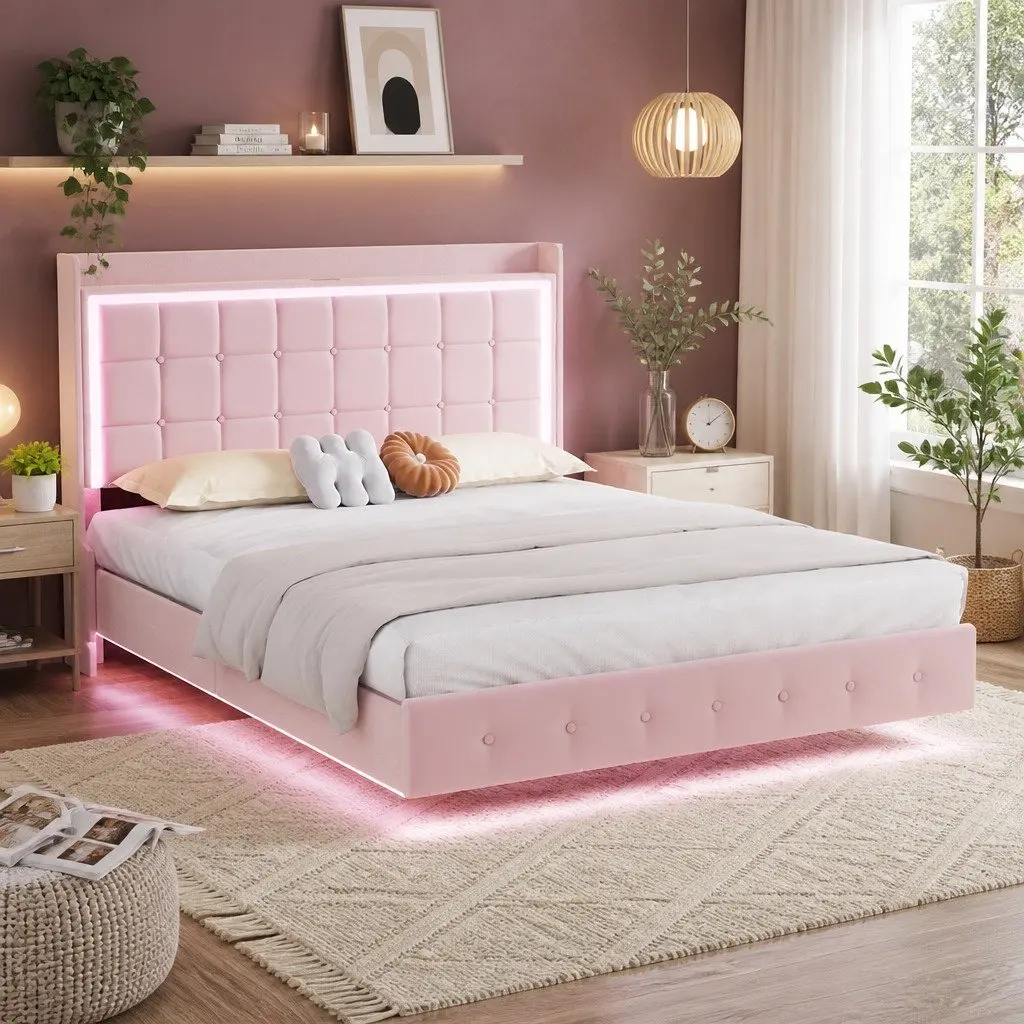 Pink King Floating Bed Frame with LED Headboard