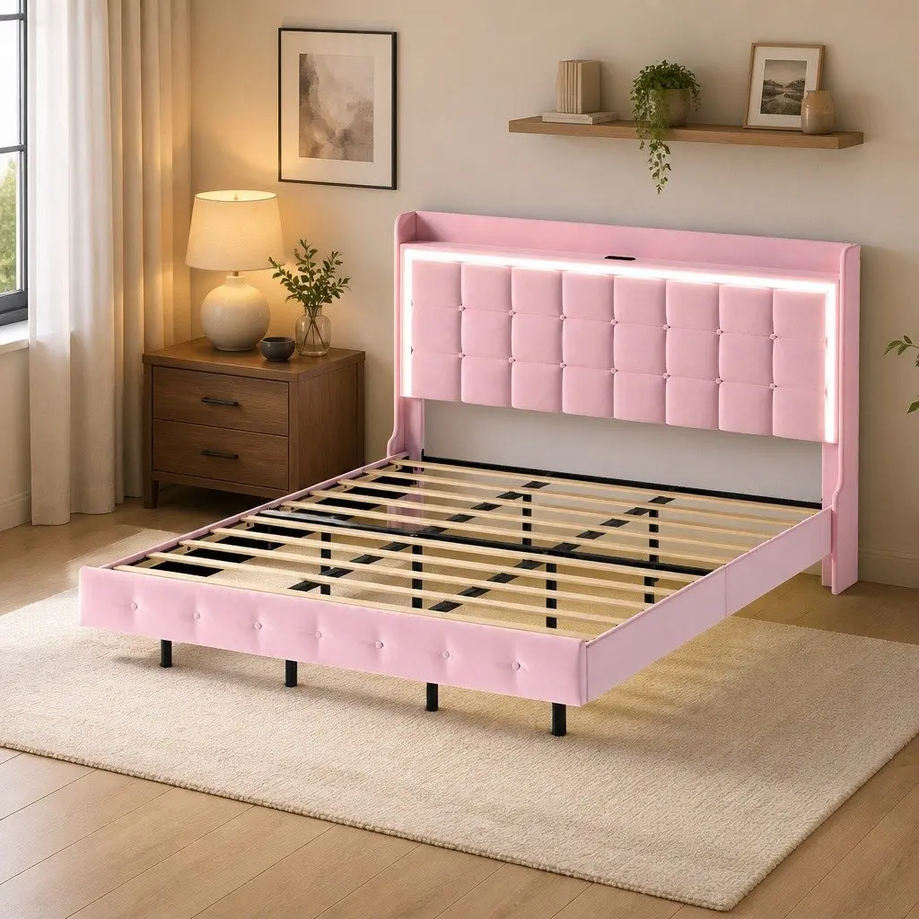 Pink King Floating Bed Frame with LED Headboard