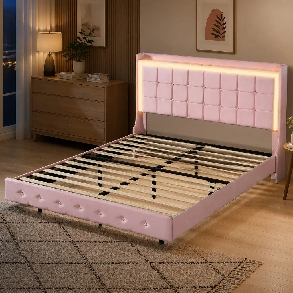 Velvet Queen Floating Bed Frame with LED and USB