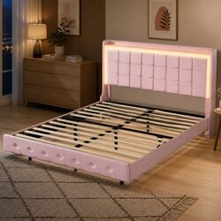 Modern Velvet Queen Floating Bed Frame with LED and USB