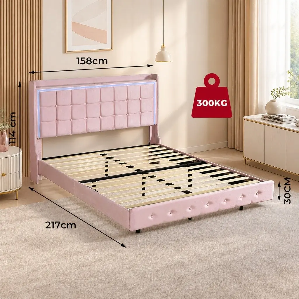 Velvet Queen Floating Bed Frame with LED and USB