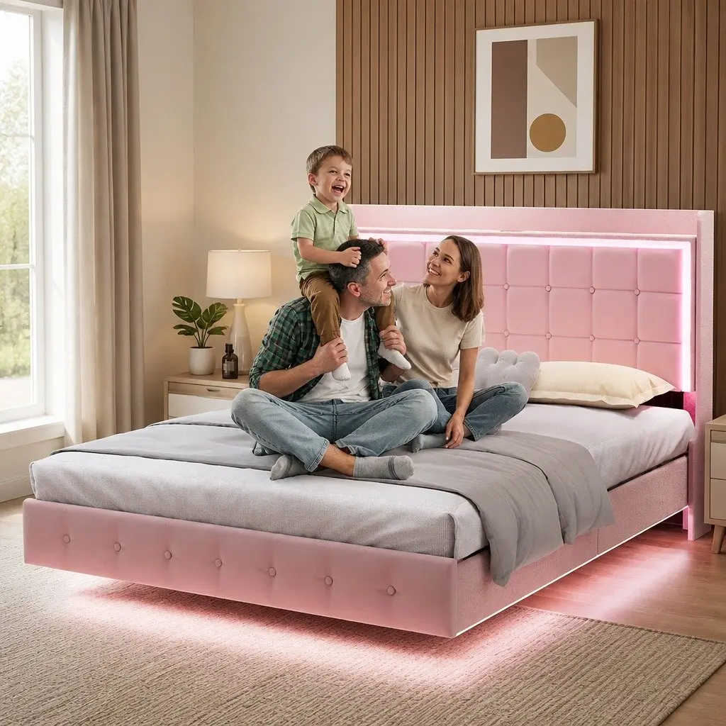 Velvet Queen Floating Bed Frame with LED and USB