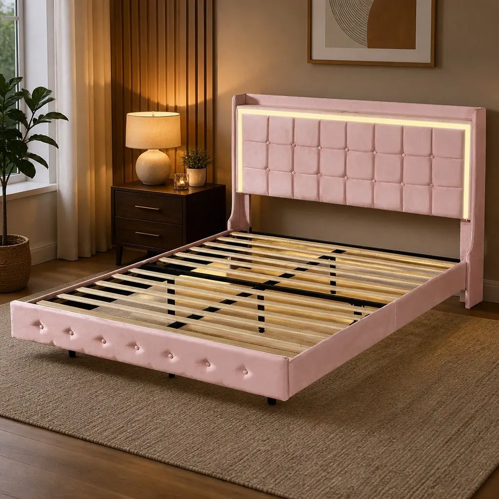 Velvet Queen Floating Bed Frame with LED and USB