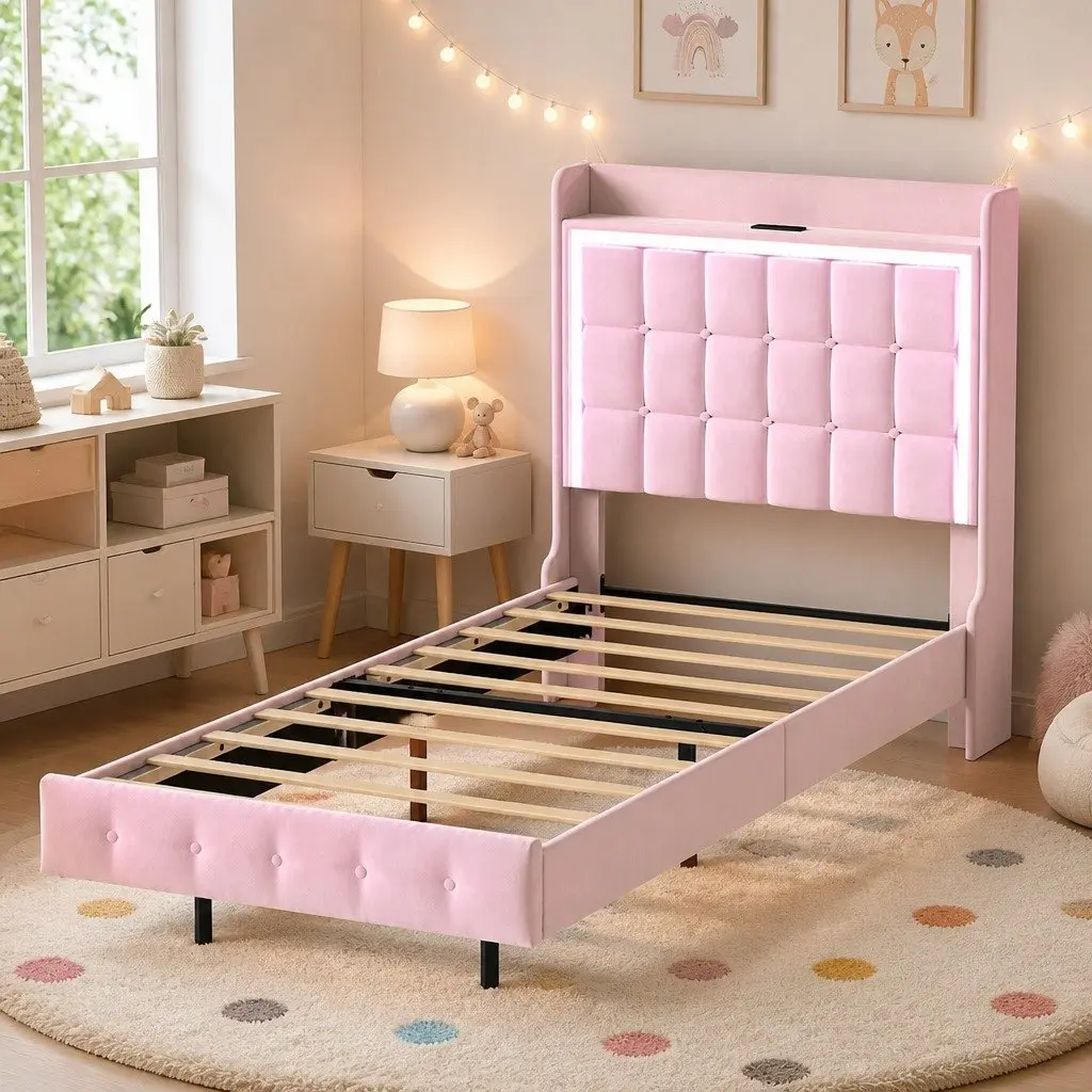 Pink Modern Floating Bed Frame with LED Headboard