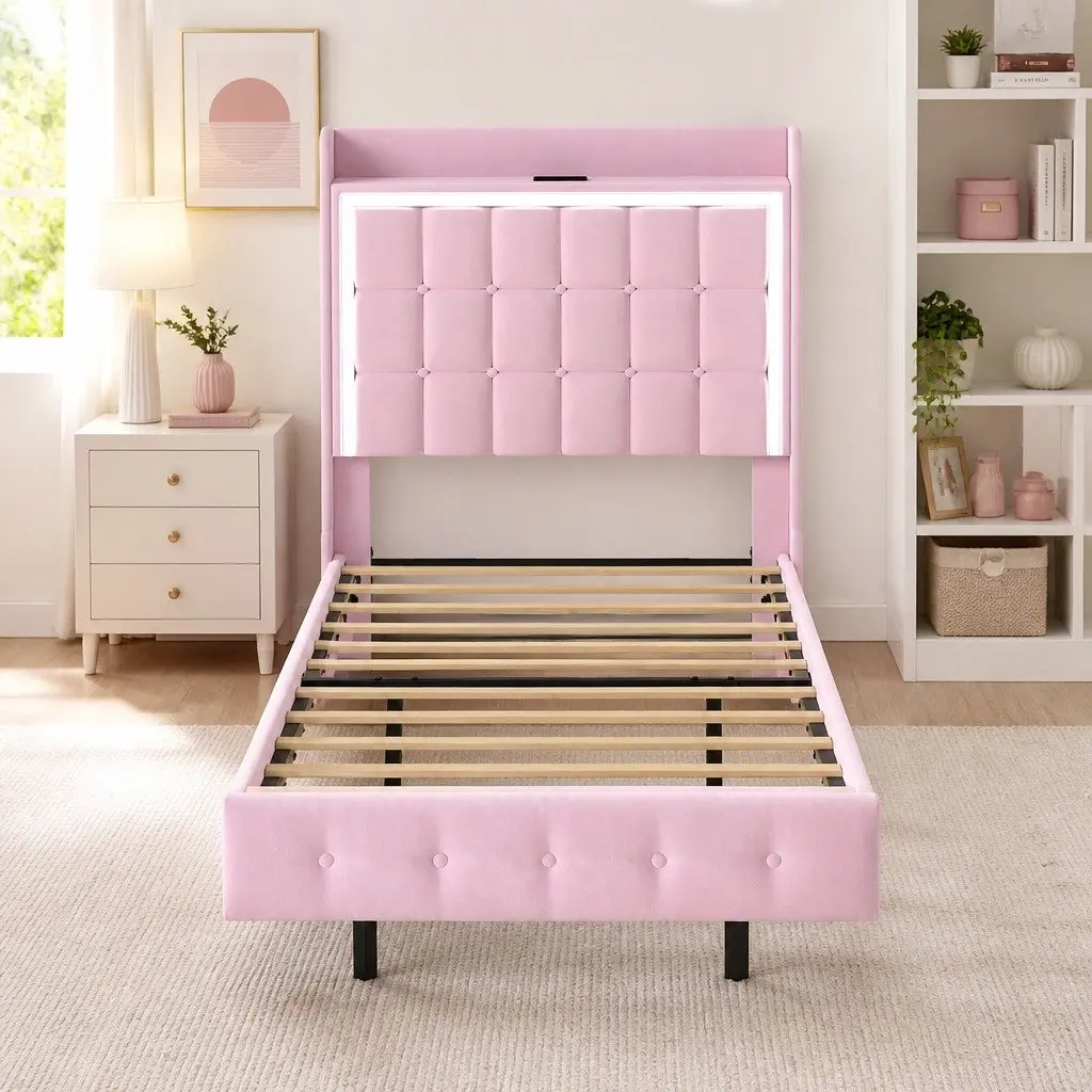 Pink Modern Floating Bed Frame with LED Headboard