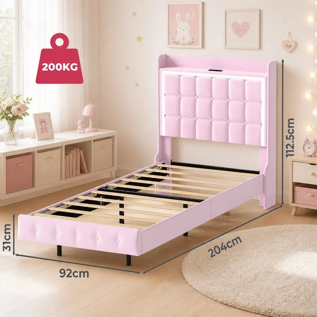 Pink Modern Floating Bed Frame with LED Headboard
