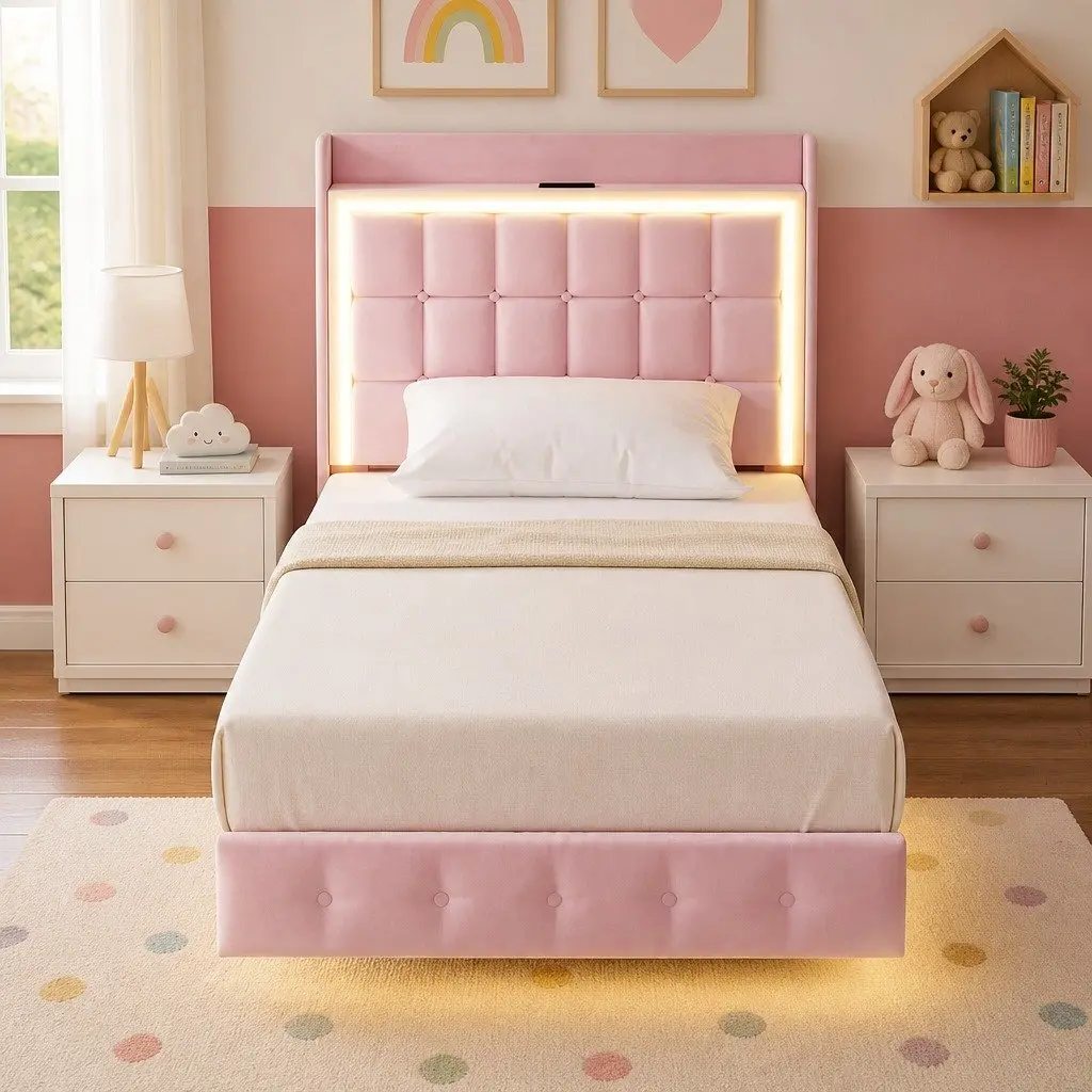 Pink Modern Floating Bed Frame with LED Headboard