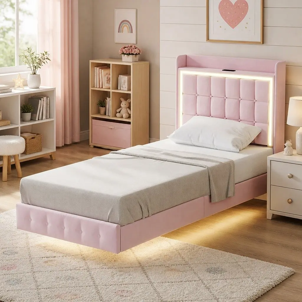 Pink Modern Floating Bed Frame with LED Headboard