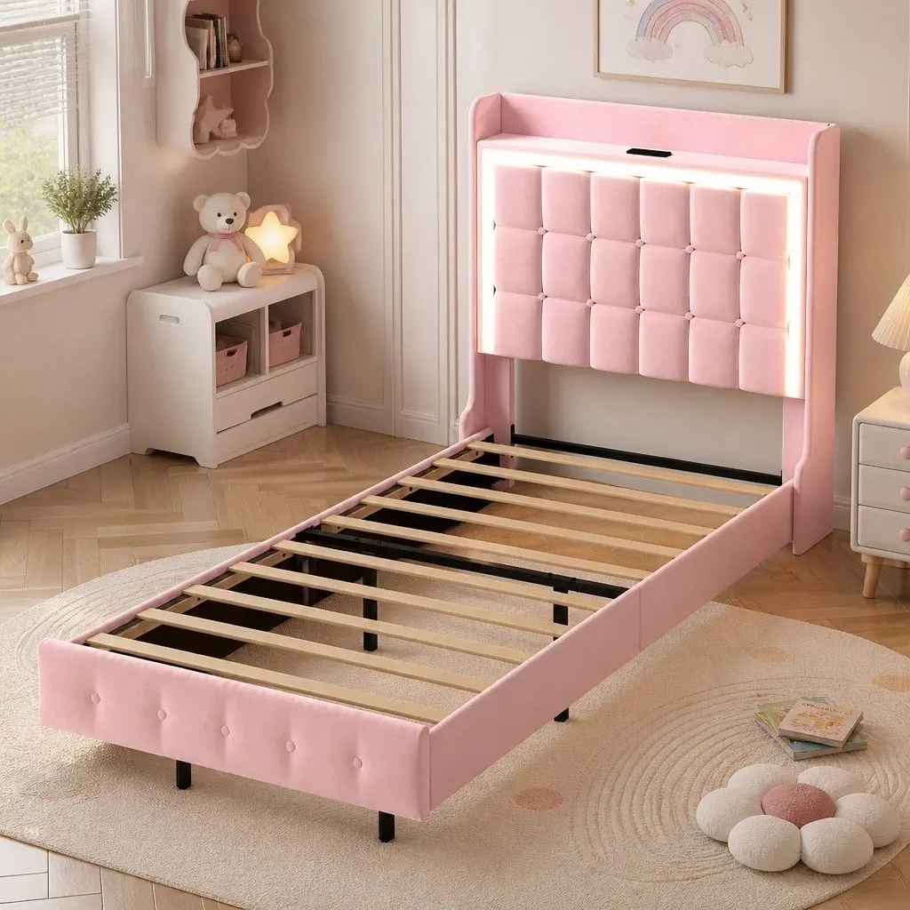 Pink Modern Floating Bed Frame with LED Headboard