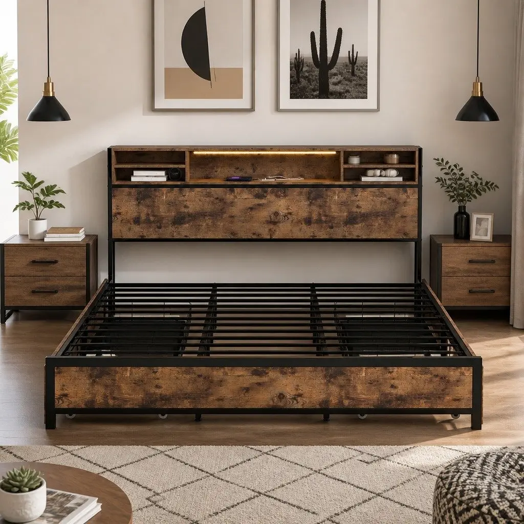 King Bed Frame with LED Headboard and Storage