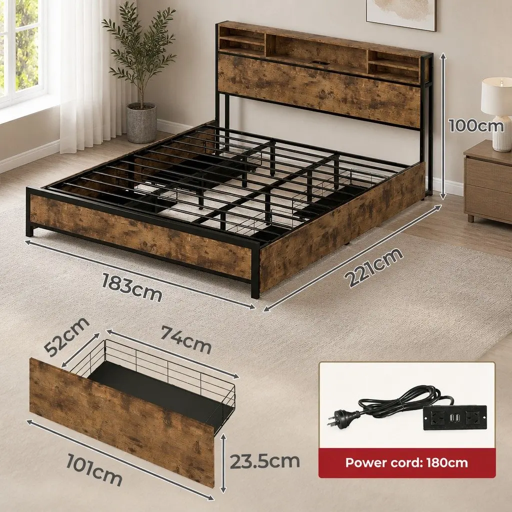 King Bed Frame with LED Headboard and Storage