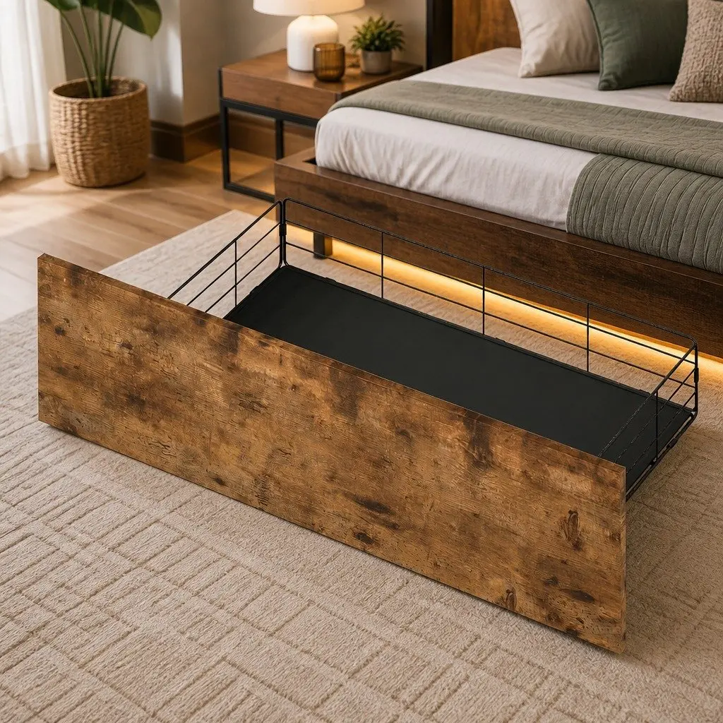 King Bed Frame with LED Headboard and Storage