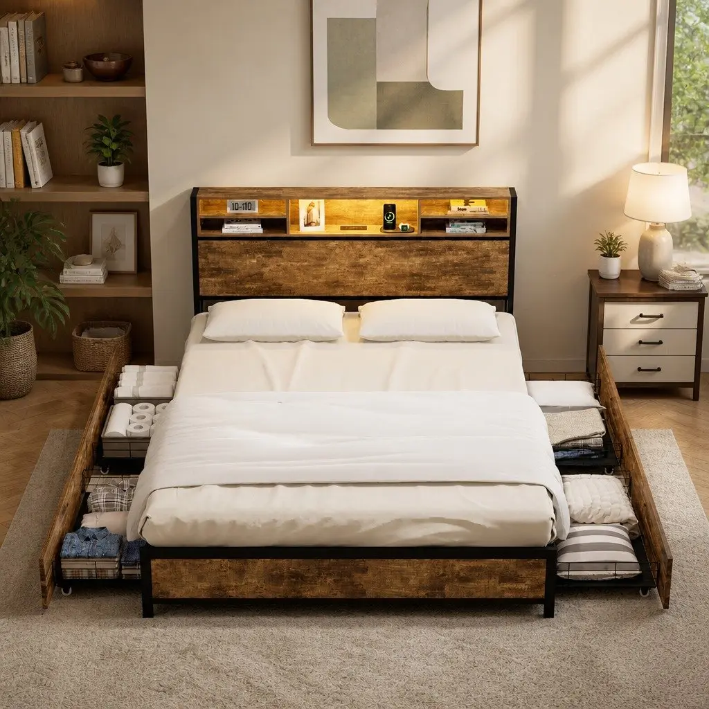 King Bed Frame with LED Headboard and Storage