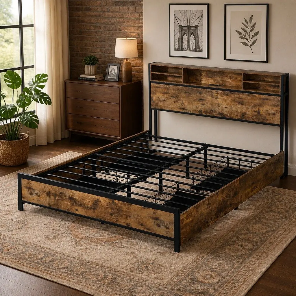 Queen Bed Frame with LED Light and Storage