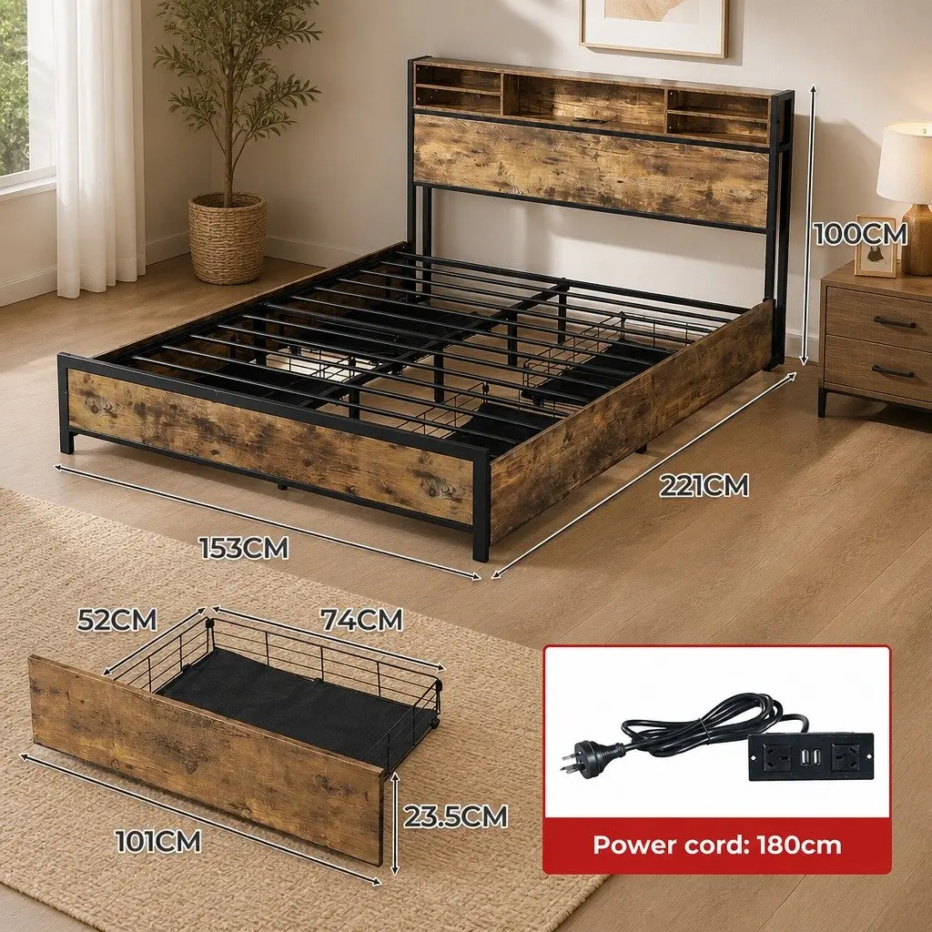 Queen Bed Frame with LED Light and Storage