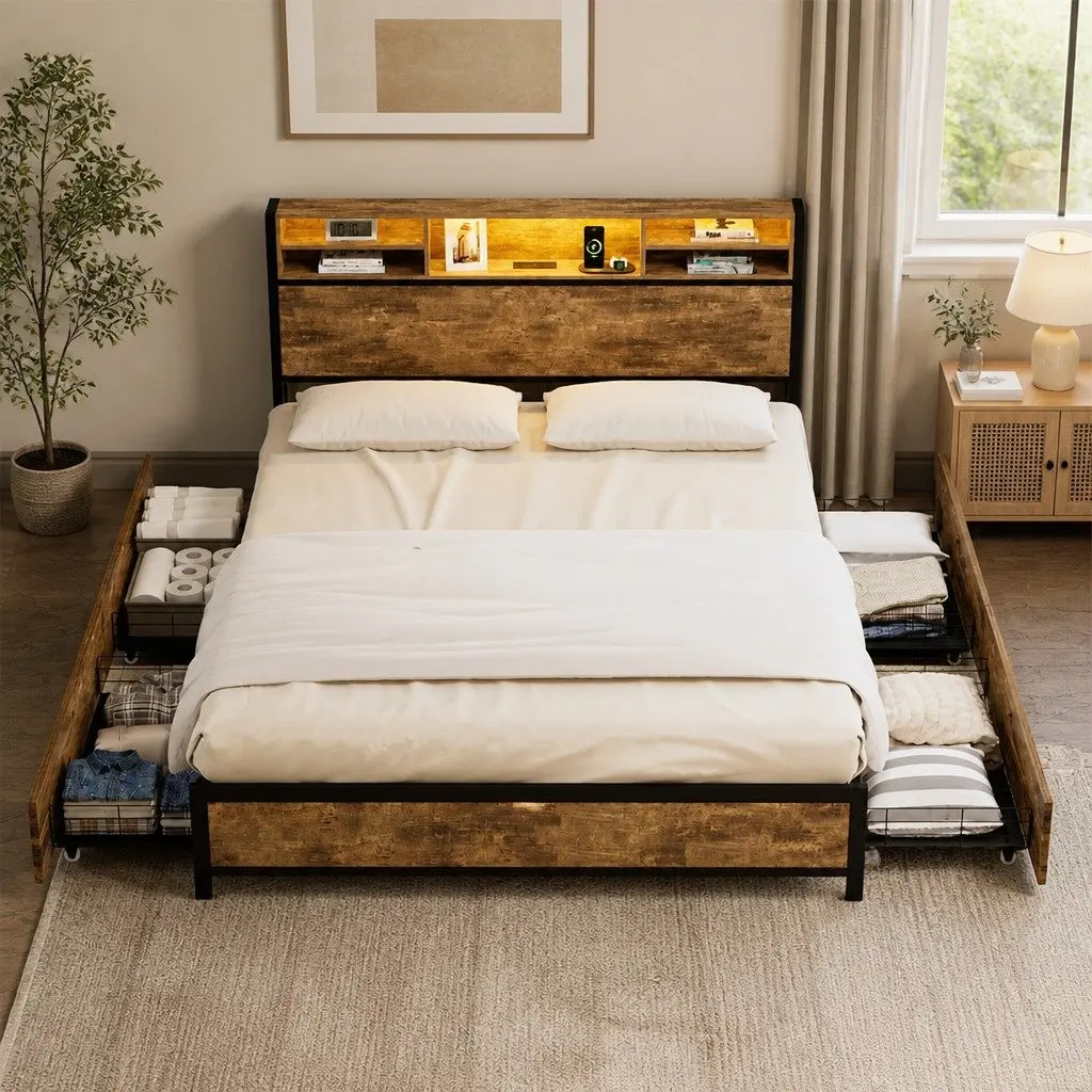 Queen Bed Frame with LED Light and Storage