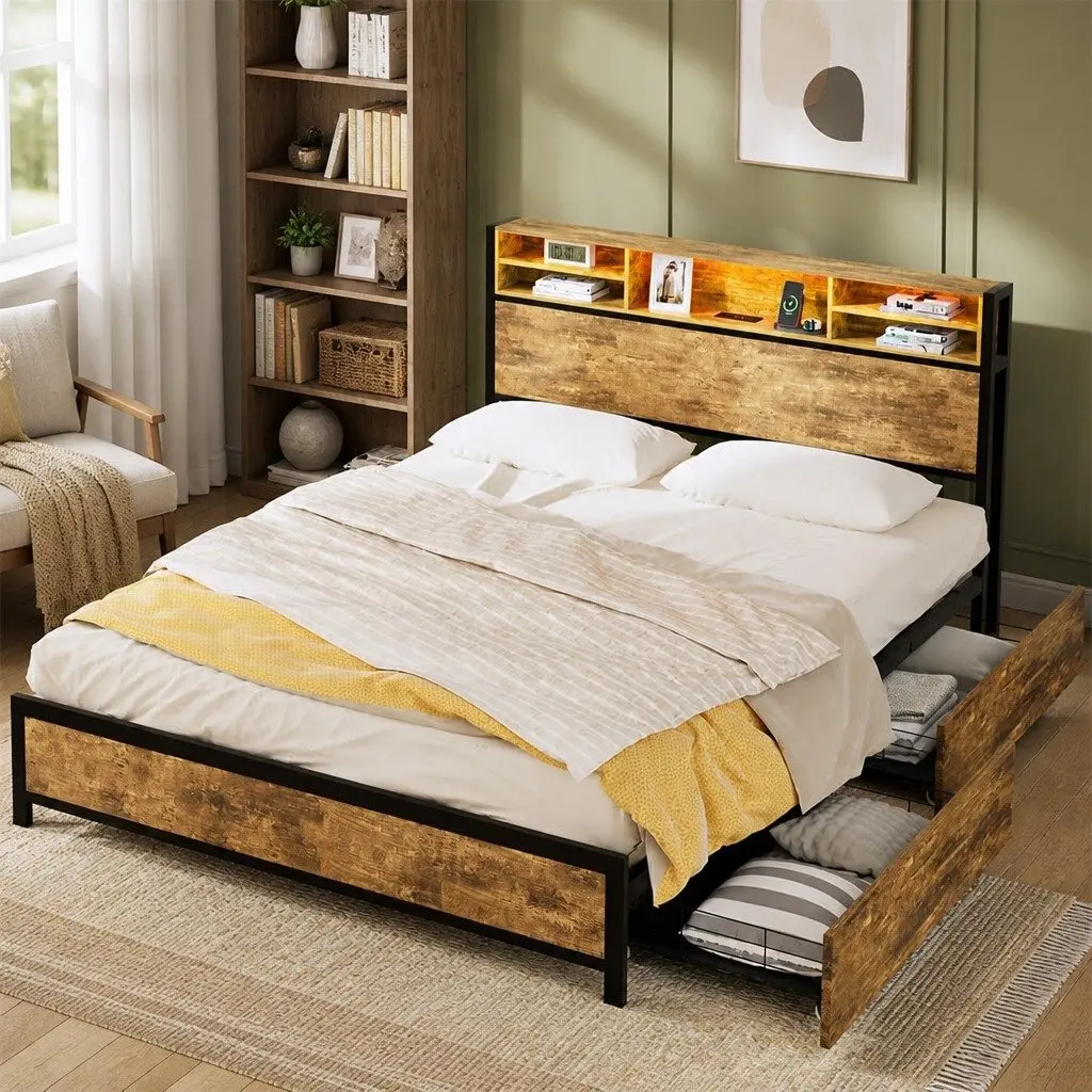 Queen Bed Frame with LED Light and Storage