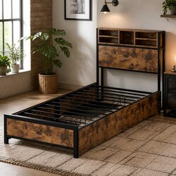 Sturdy Single Bed Frame with Storage Drawers and LED Headboard