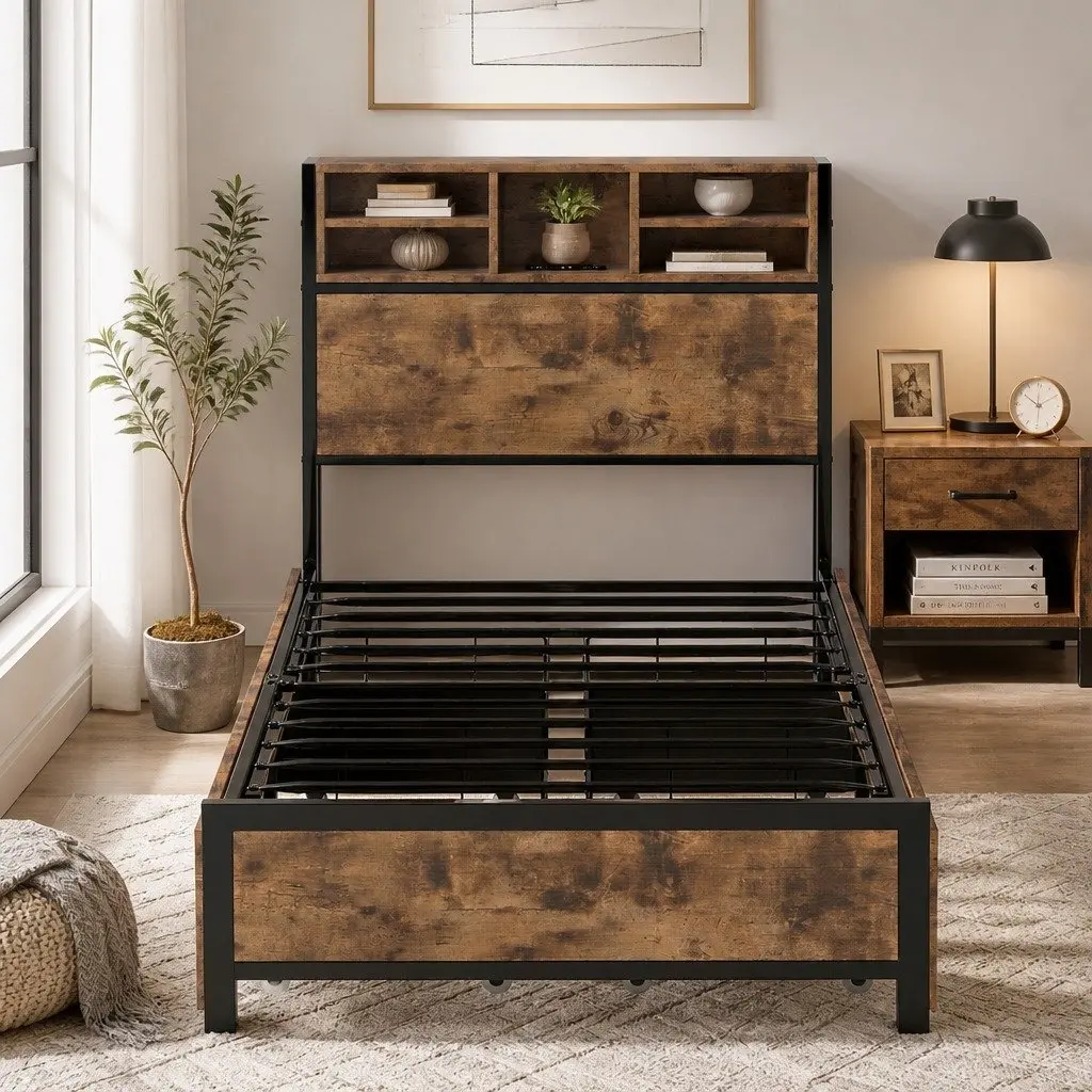 Single Bed Frame with Storage Drawers and LED Headboard