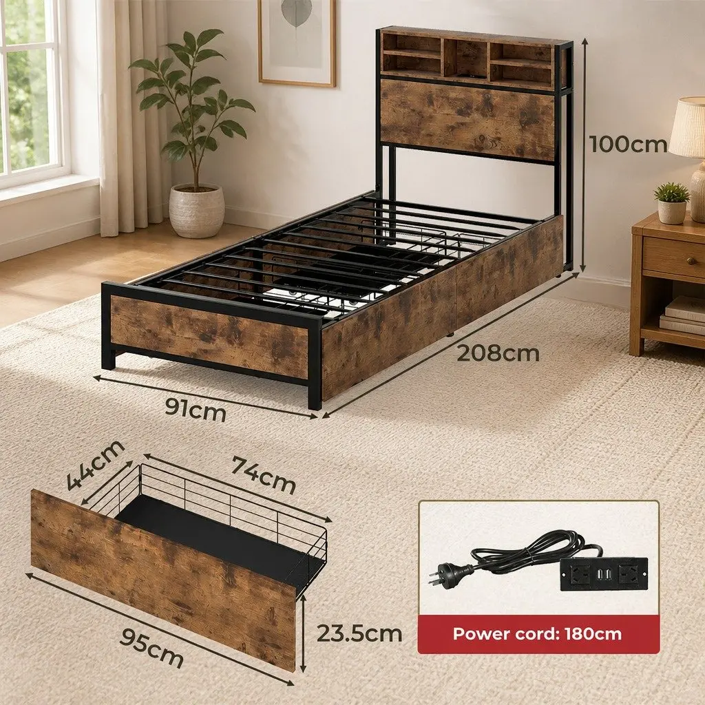 Single Bed Frame with Storage Drawers and LED Headboard