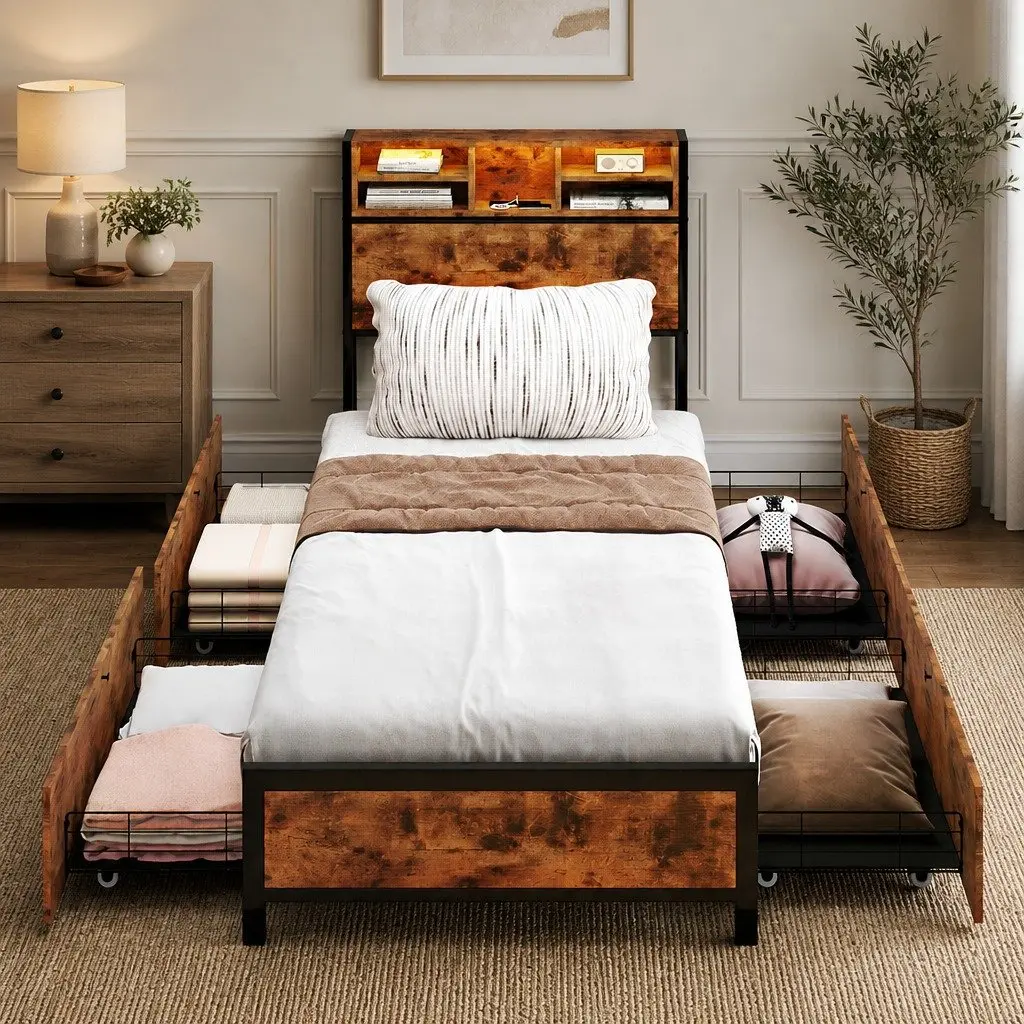 Single Bed Frame with Storage Drawers and LED Headboard