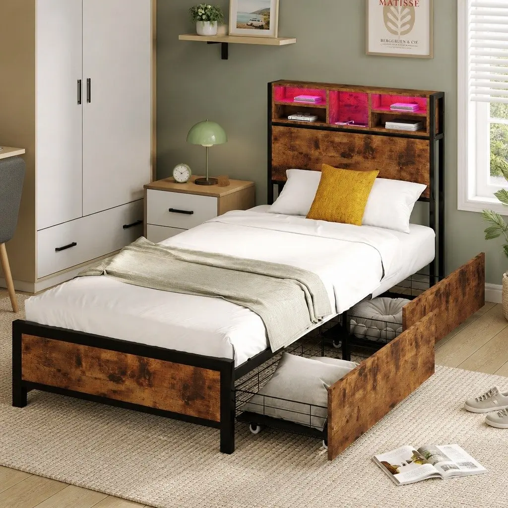Single Bed Frame with Storage Drawers and LED Headboard