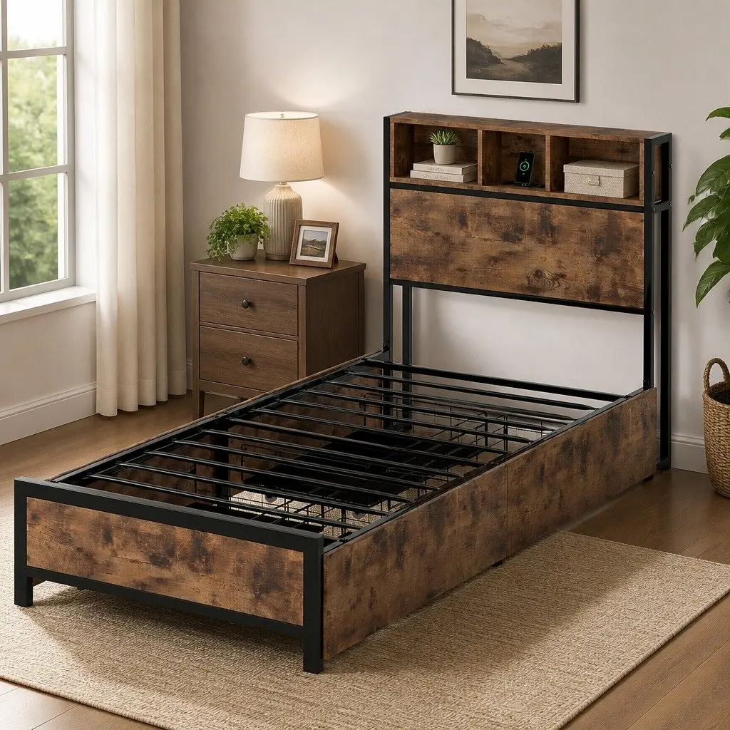 Single Bed Frame with Storage Drawers and LED Headboard