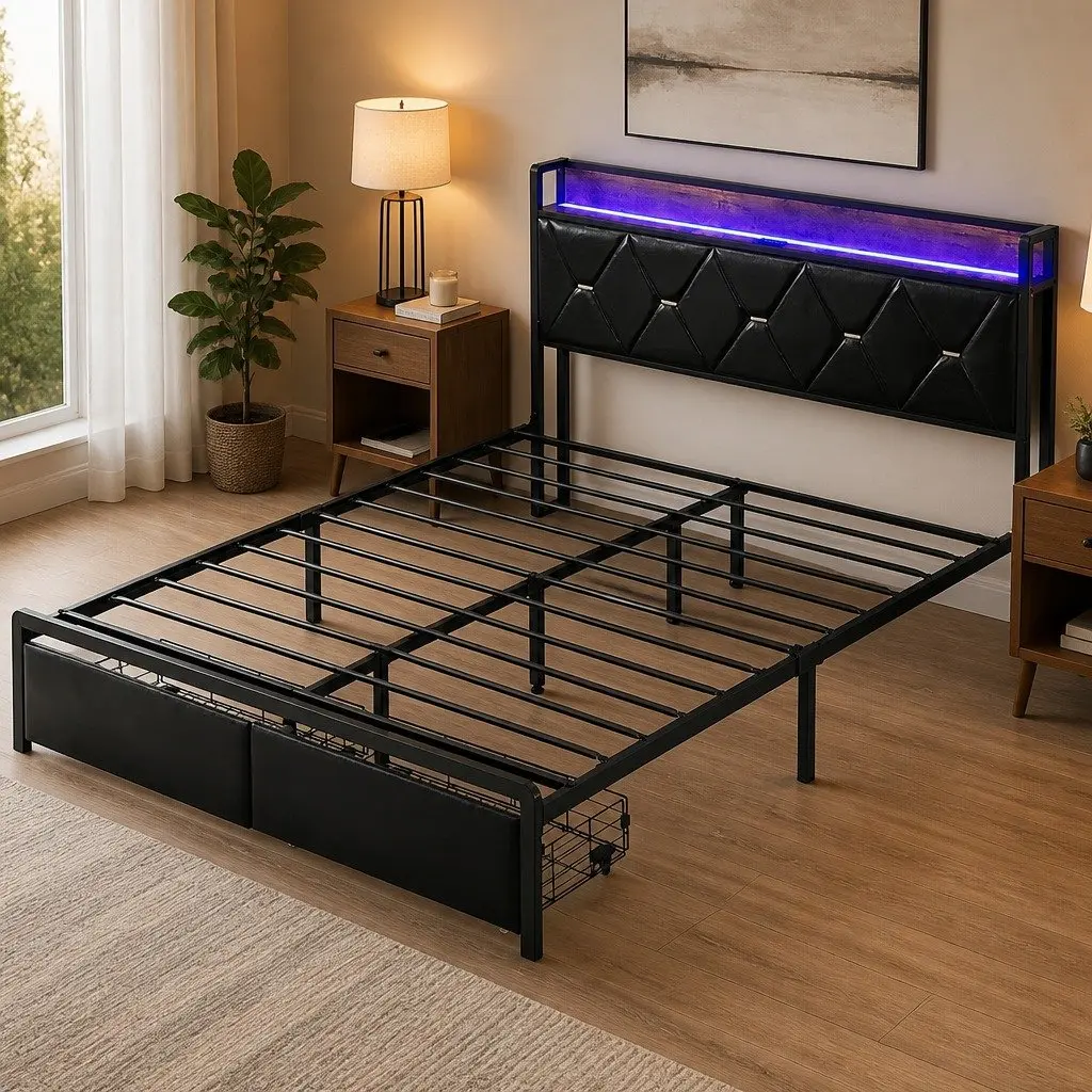 Double Metal Bed Frame with LED Lights and USB Charging