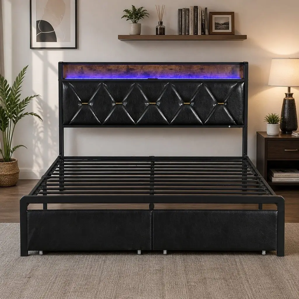 Double Metal Bed Frame with LED Lights and USB Charging