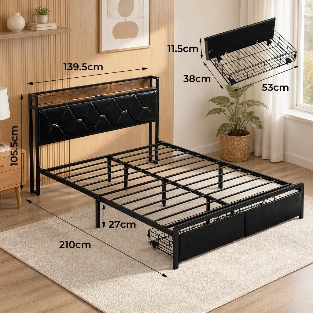 Double Metal Bed Frame with LED Lights and USB Charging