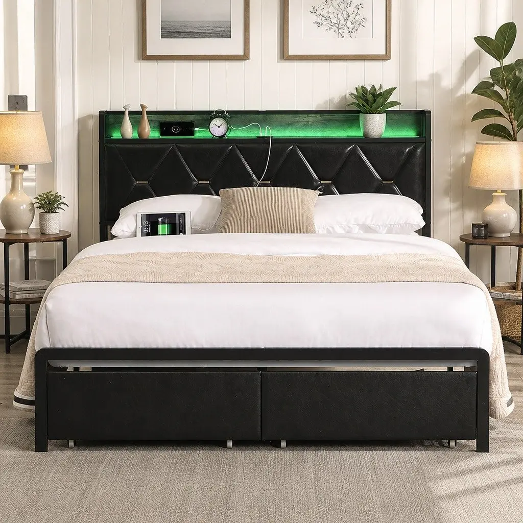 Double Metal Bed Frame with LED Lights and USB Charging
