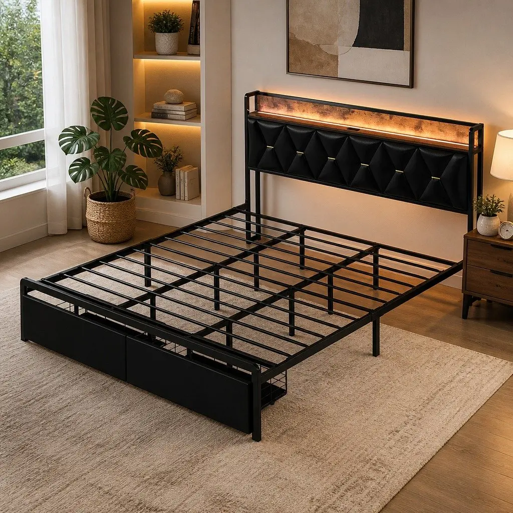 King Bed Frame PU Leather Black with LED Headboard Storage Drawers Metal Base