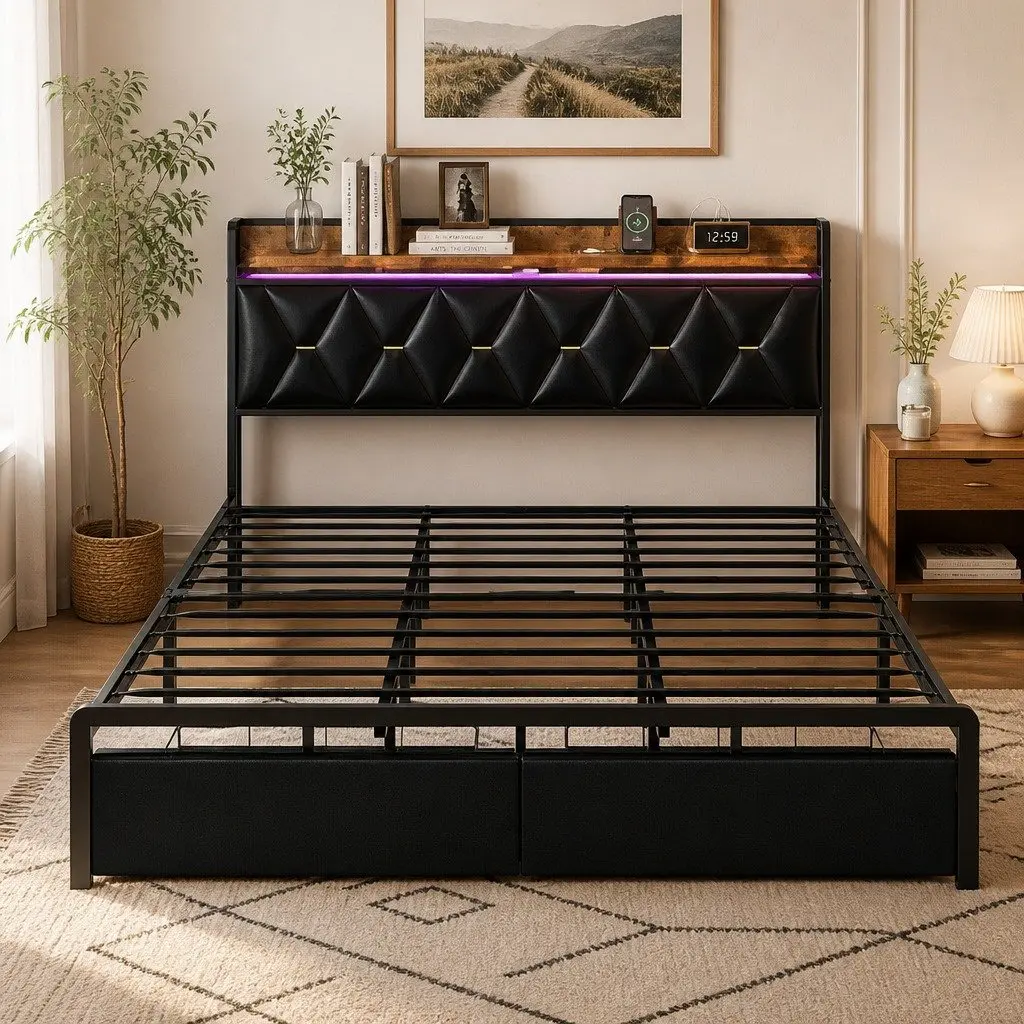 King Bed Frame PU Leather Black with LED Headboard Storage Drawers Metal Base